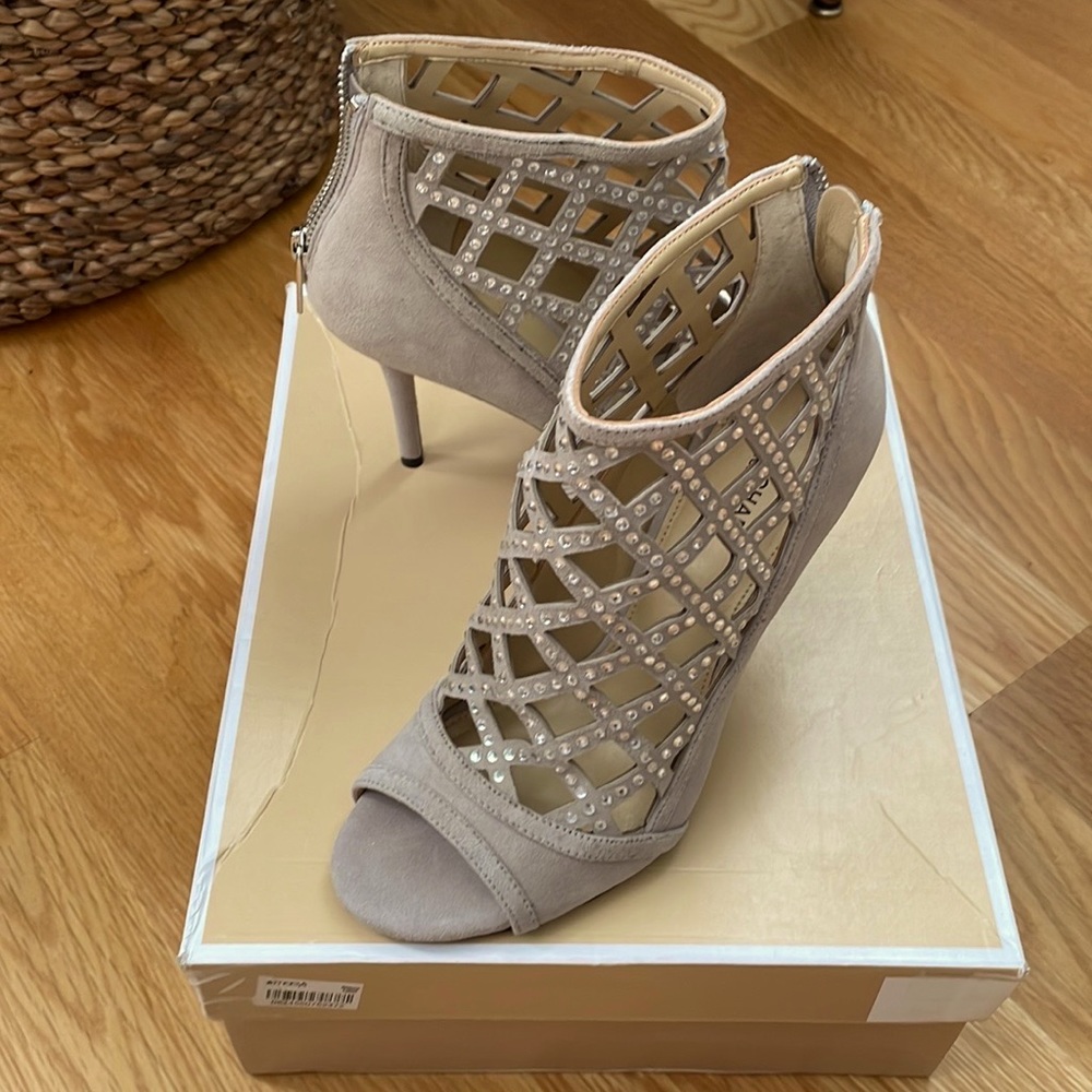 Michael Kors Pearl Grey Suede Open Toe Sparkle Booties 7.5